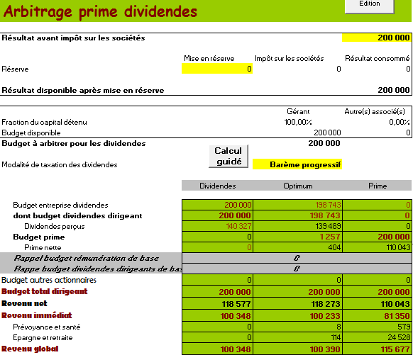 simulation arbitrage prime dividende ERD Expert Remuneration Dirigeant